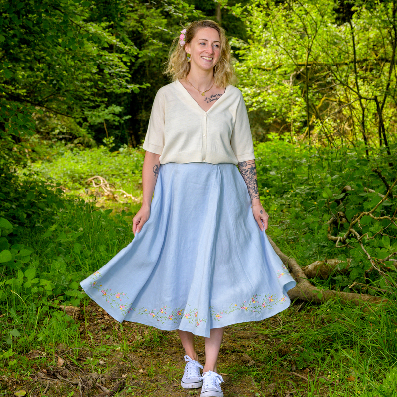 jupe lin bleu fleurs