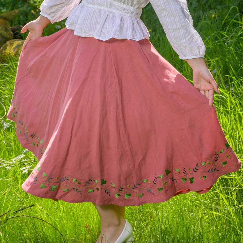 jupe rose feuilles lin
